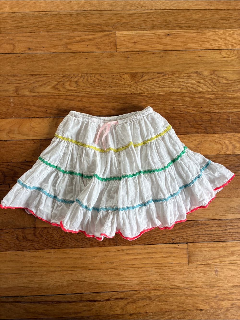Mini Boden Tiered Skirt Girls 3-4Y 104cm White Cotton Rainbow Trim Rickrack